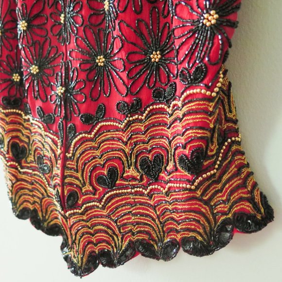 Papell Boutique Silk Evening Red Black Gold Multi-Color Floral Beaded Top - Picture 6 of 9